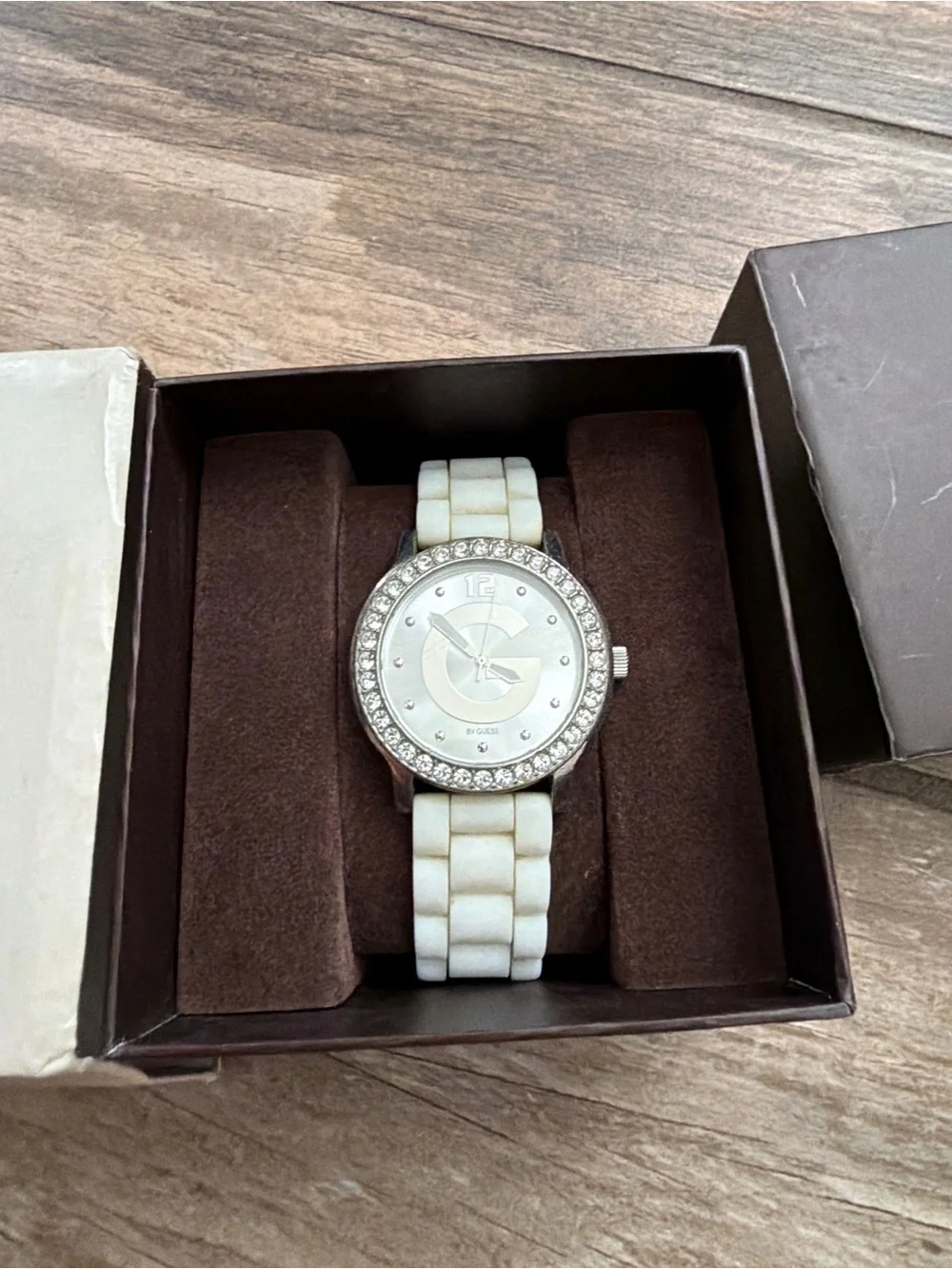 Women's White Ceramic Crystal Accent Watch G by guess silicone